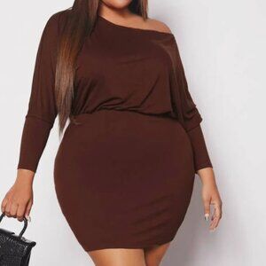 Brown Batwing Sleeve Bodycon Dress - Plus Size 3XL